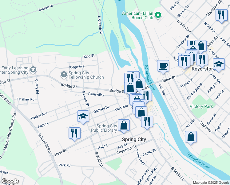 map of restaurants, bars, coffee shops, grocery stores, and more near 146 Bridge Street in Spring City