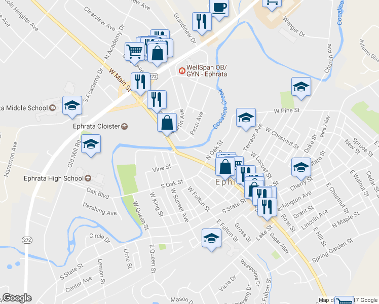 map of restaurants, bars, coffee shops, grocery stores, and more near 333 West Main Street in Ephrata