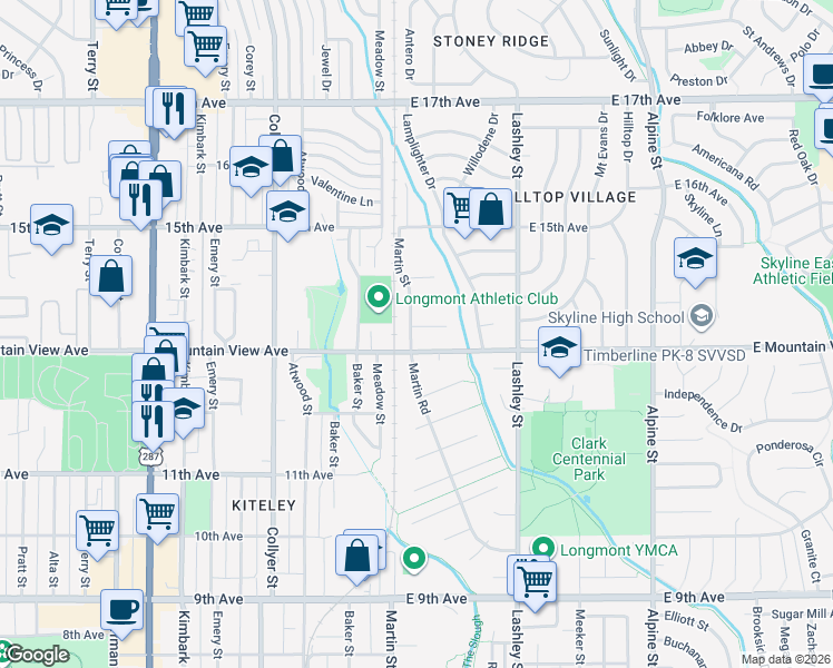 map of restaurants, bars, coffee shops, grocery stores, and more near 1 Anchorage Court in Longmont