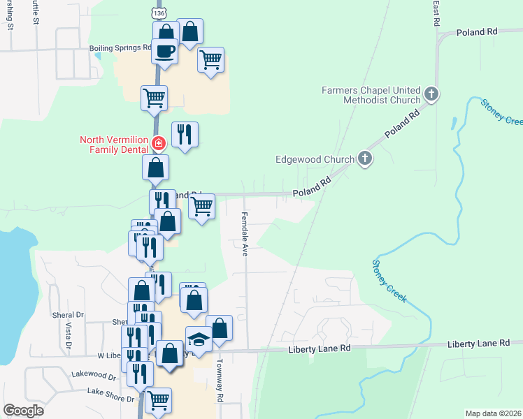map of restaurants, bars, coffee shops, grocery stores, and more near 550-598 Poland Road in Danville