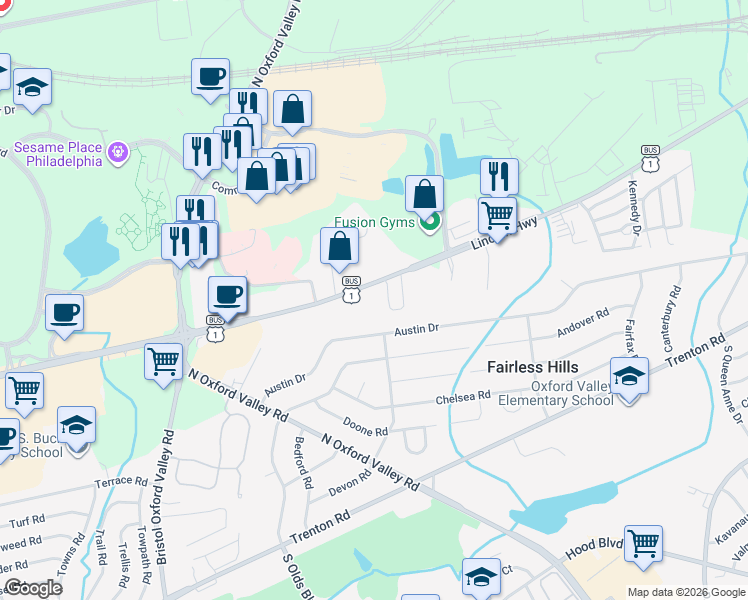 map of restaurants, bars, coffee shops, grocery stores, and more near 164 Lincoln Highway in Fairless Hills