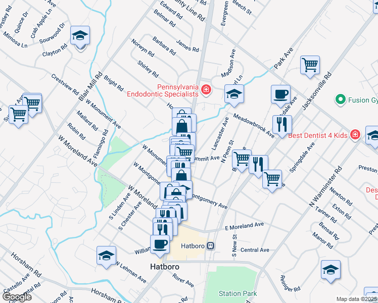 map of restaurants, bars, coffee shops, grocery stores, and more near 308 Pennsylvania 263 in Hatboro