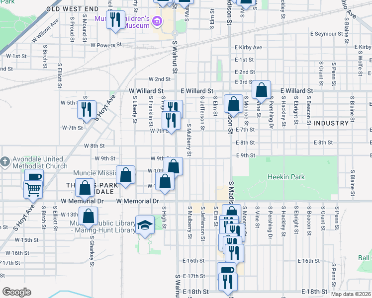 map of restaurants, bars, coffee shops, grocery stores, and more near 100-114 East 8th Street in Muncie