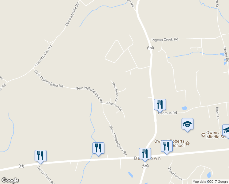 map of restaurants, bars, coffee shops, grocery stores, and more near 125 Woodmont Drive in Pottstown