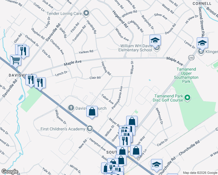 map of restaurants, bars, coffee shops, grocery stores, and more near 938 Willopenn Drive in Southampton