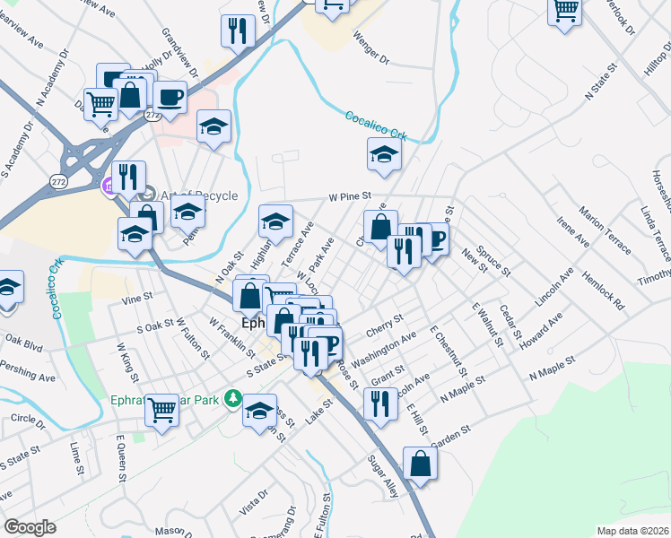 map of restaurants, bars, coffee shops, grocery stores, and more near 129 Park Avenue in Ephrata