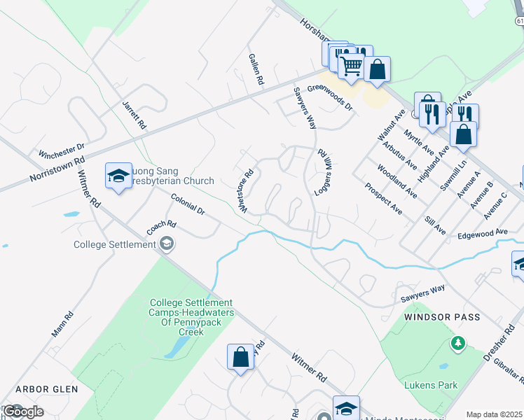 map of restaurants, bars, coffee shops, grocery stores, and more near 9 Ember Ln in Horsham