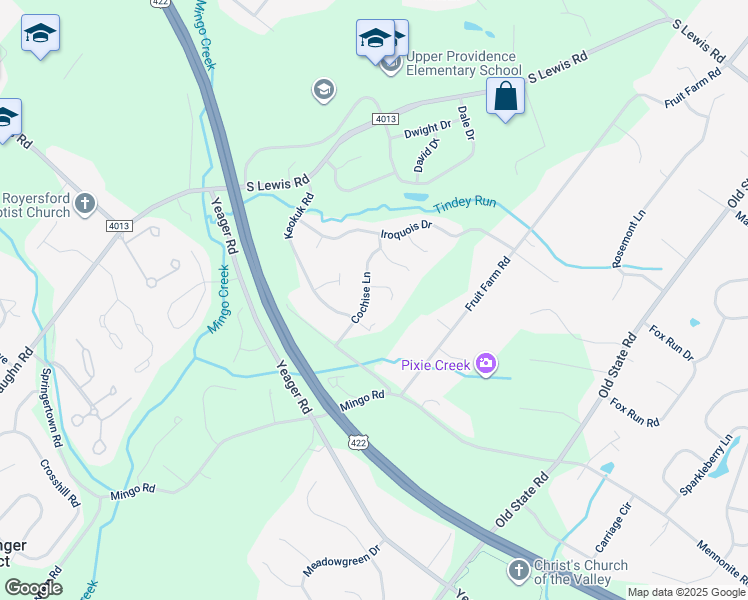 map of restaurants, bars, coffee shops, grocery stores, and more near 17 Cochise Lane in Royersford
