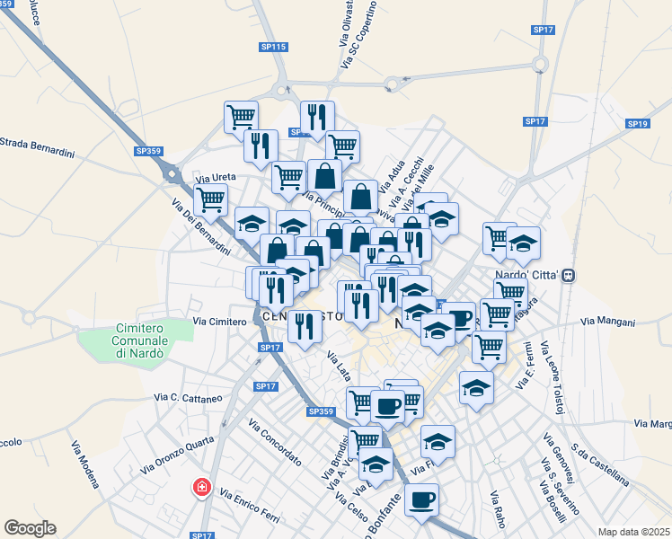map of restaurants, bars, coffee shops, grocery stores, and more near 79 Via Duca degli Abruzzi in Nardò
