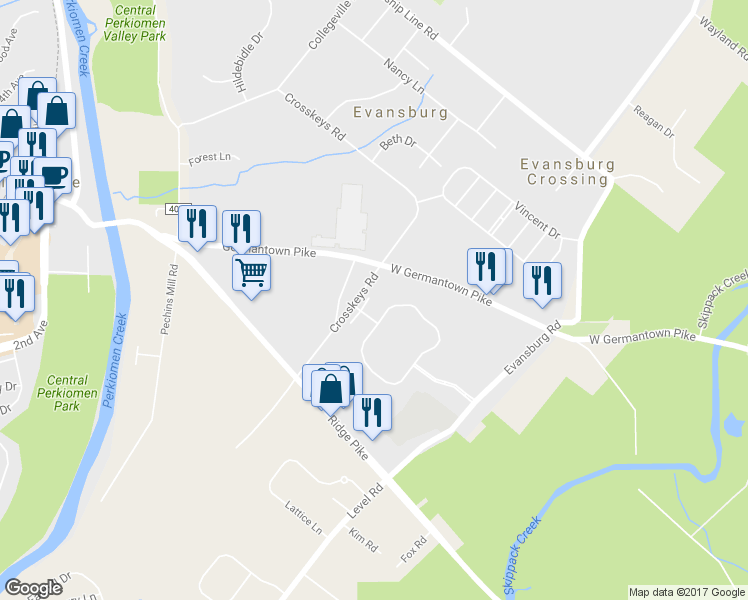 map of restaurants, bars, coffee shops, grocery stores, and more near 5006 Rose Court in Collegeville