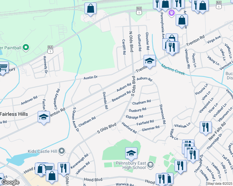 map of restaurants, bars, coffee shops, grocery stores, and more near 712 Auburn Road in Fairless Hills