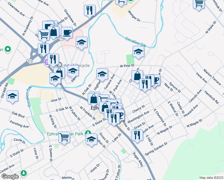 map of restaurants, bars, coffee shops, grocery stores, and more near 106 Park Avenue in Ephrata