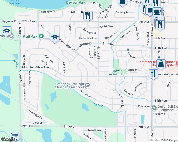 map of restaurants, bars, coffee shops, grocery stores, and more near 6 Princeton Circle in Longmont
