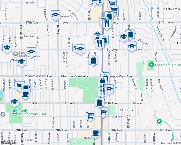 map of restaurants, bars, coffee shops, grocery stores, and more near 900 Mountain View Avenue in Longmont