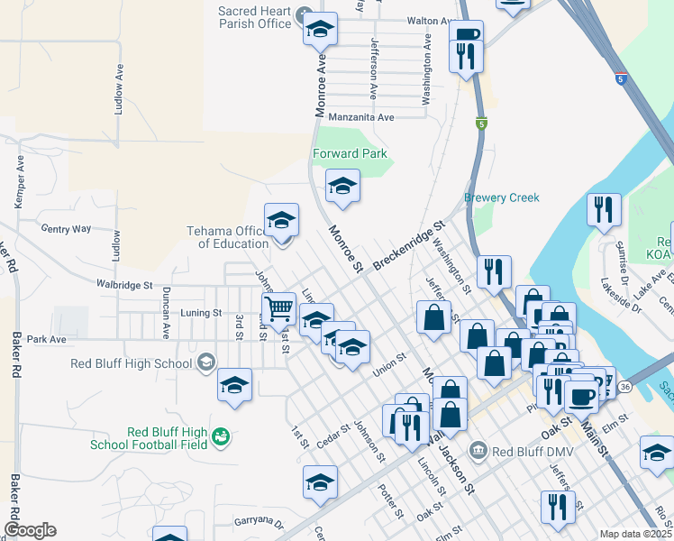 map of restaurants, bars, coffee shops, grocery stores, and more near 1447 Monroe Street in Red Bluff