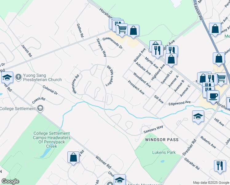 map of restaurants, bars, coffee shops, grocery stores, and more near 7 Saw Buck Circle in Horsham