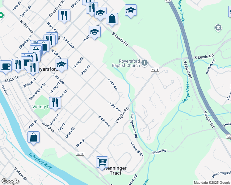 map of restaurants, bars, coffee shops, grocery stores, and more near 17 Char Mar Lane in Royersford