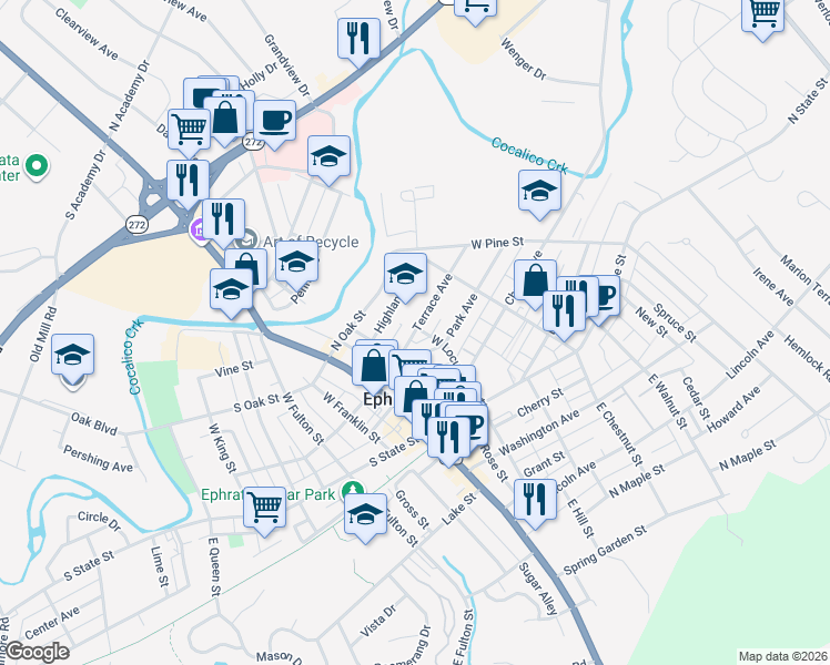 map of restaurants, bars, coffee shops, grocery stores, and more near 207 West Locust Street in Ephrata