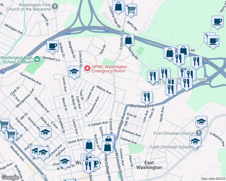 map of restaurants, bars, coffee shops, grocery stores, and more near 419 Locust Avenue in Washington