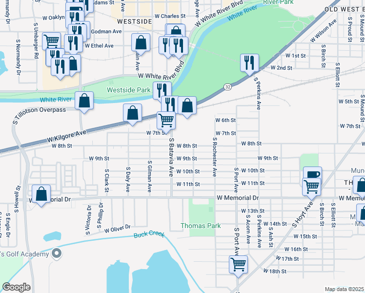 map of restaurants, bars, coffee shops, grocery stores, and more near 2012 West 8th Street in Muncie