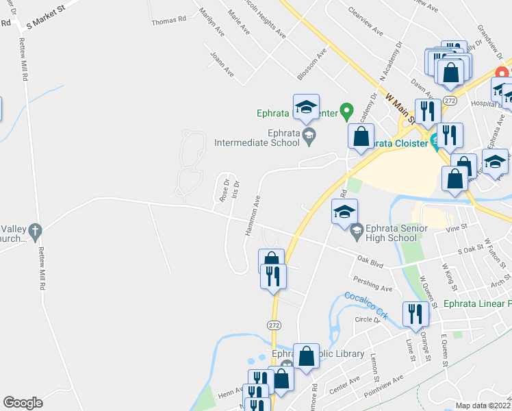 map of restaurants, bars, coffee shops, grocery stores, and more near 992 Hammon Avenue in Ephrata