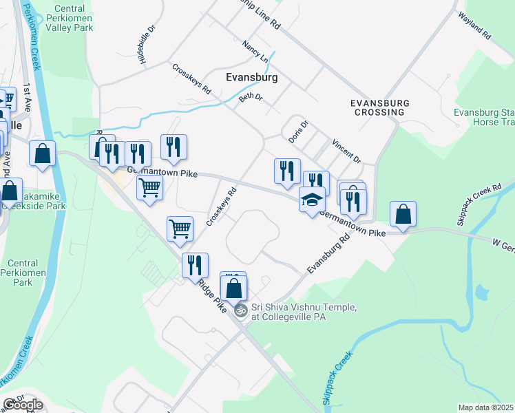 map of restaurants, bars, coffee shops, grocery stores, and more near 1037 Greenes Way Circle in Collegeville