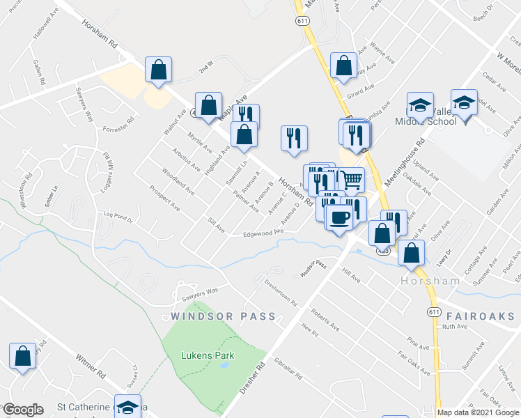 map of restaurants, bars, coffee shops, grocery stores, and more near 419 Avenue B in Horsham