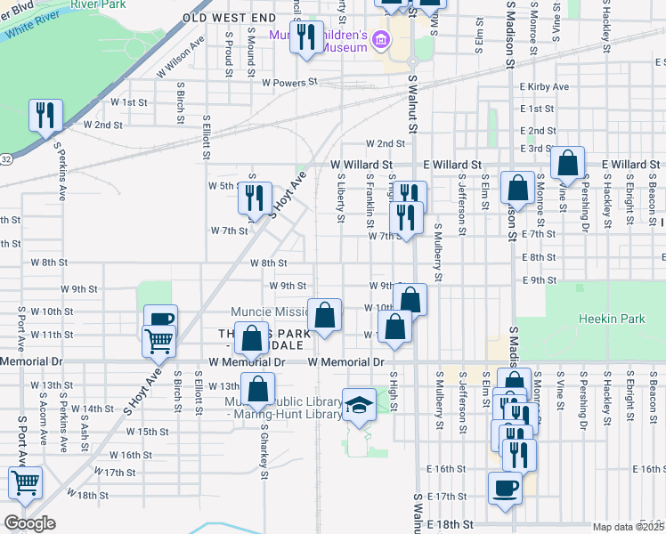 map of restaurants, bars, coffee shops, grocery stores, and more near 402 West 8th Street in Muncie