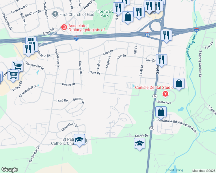 map of restaurants, bars, coffee shops, grocery stores, and more near 39 Strawberry Drive in Carlisle