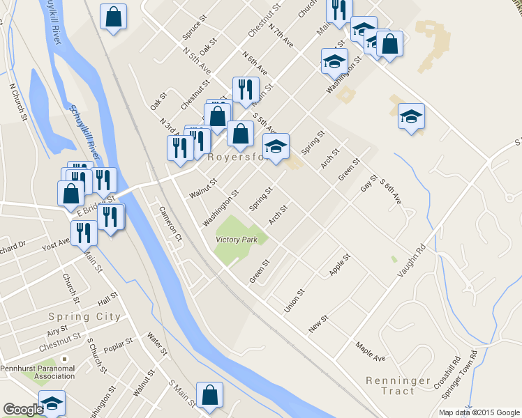 map of restaurants, bars, coffee shops, grocery stores, and more near 318 Spring Street in Royersford