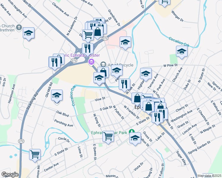 map of restaurants, bars, coffee shops, grocery stores, and more near 363 West Main Street in Ephrata