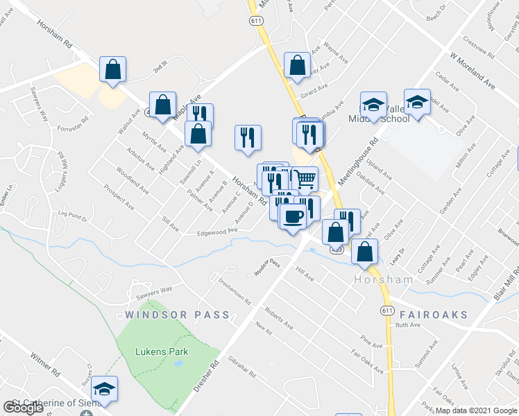 map of restaurants, bars, coffee shops, grocery stores, and more near 311 Horsham Road in Horsham