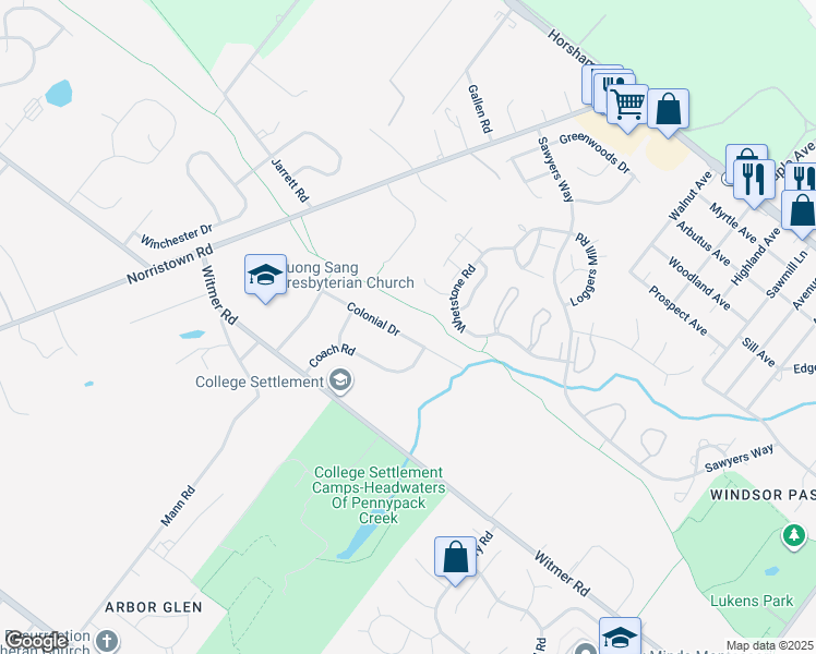 map of restaurants, bars, coffee shops, grocery stores, and more near 616 Colonial Drive in Horsham