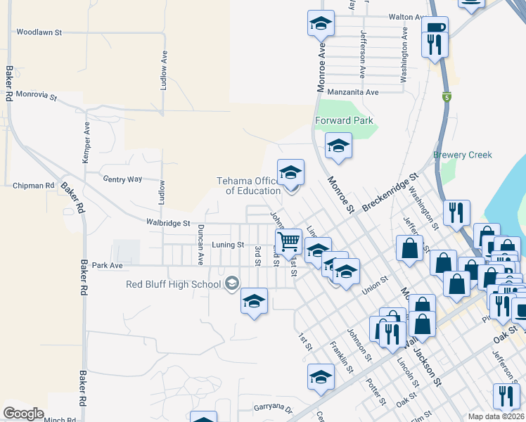 map of restaurants, bars, coffee shops, grocery stores, and more near 1417 Hill Street in Red Bluff