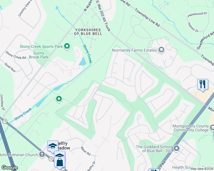 map of restaurants, bars, coffee shops, grocery stores, and more near 140 Medinah Dr in Blue Bell