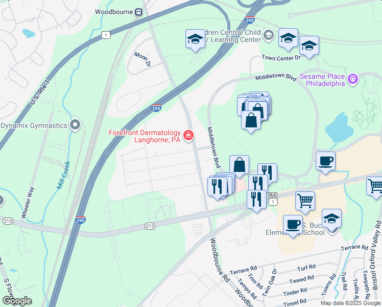 map of restaurants, bars, coffee shops, grocery stores, and more near 1977 4th Street in Langhorne