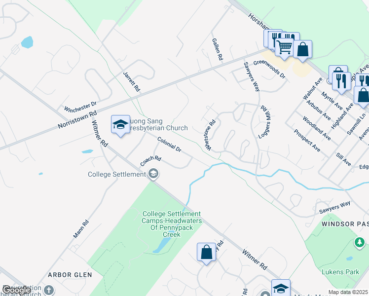 map of restaurants, bars, coffee shops, grocery stores, and more near 616 Colonial Drive in Horsham