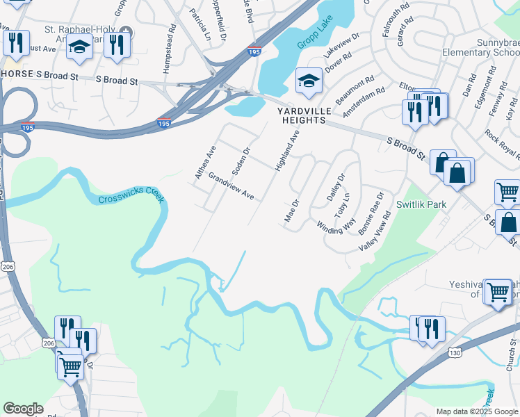 map of restaurants, bars, coffee shops, grocery stores, and more near 234 Highland Avenue in Hamilton Township