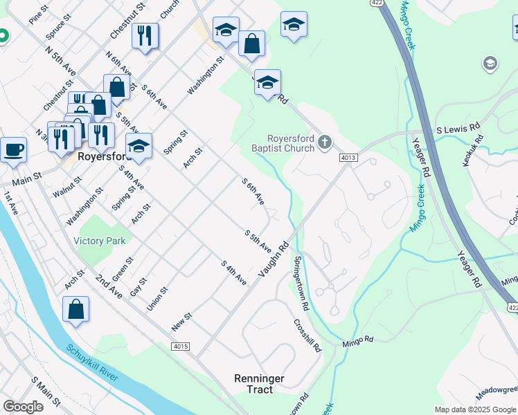 map of restaurants, bars, coffee shops, grocery stores, and more near 17 Char Mar Lane in Royersford