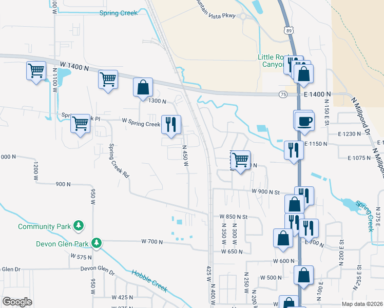 map of restaurants, bars, coffee shops, grocery stores, and more near 1086 North 450 West in Springville