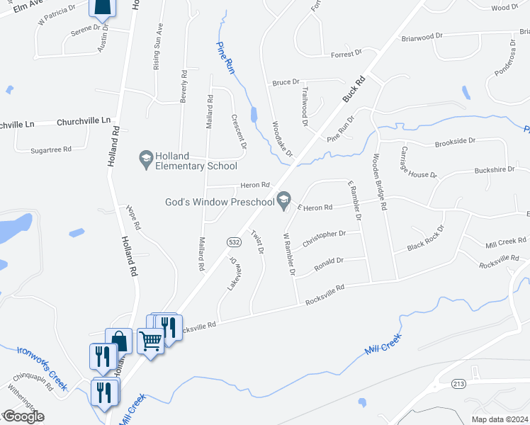map of restaurants, bars, coffee shops, grocery stores, and more near 527 Buck Road in Southampton