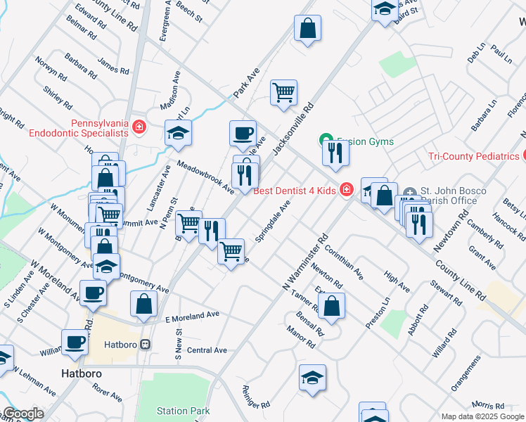 map of restaurants, bars, coffee shops, grocery stores, and more near 406 Lincoln Avenue in Hatboro