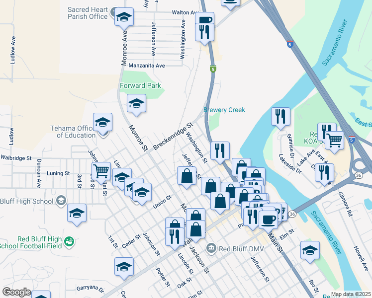 map of restaurants, bars, coffee shops, grocery stores, and more near 1266 Jefferson Street in Red Bluff
