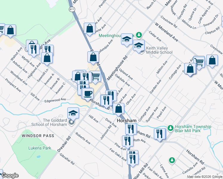 map of restaurants, bars, coffee shops, grocery stores, and more near 470 Easton Road in Horsham