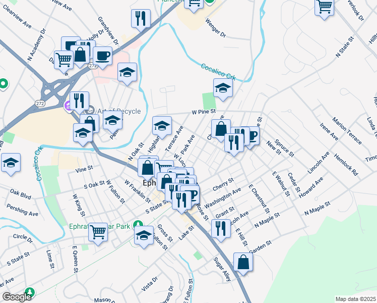 map of restaurants, bars, coffee shops, grocery stores, and more near 125 Park Avenue in Ephrata