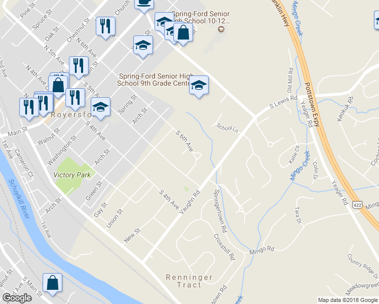 map of restaurants, bars, coffee shops, grocery stores, and more near 18 Char Mar Lane in Royersford