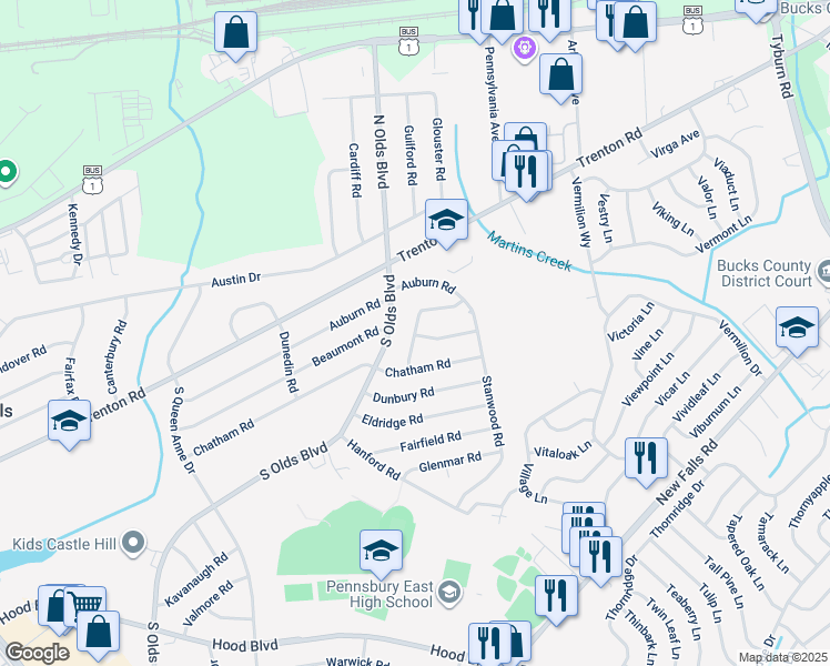 map of restaurants, bars, coffee shops, grocery stores, and more near 223 Brentwood Rd in Fairless Hills