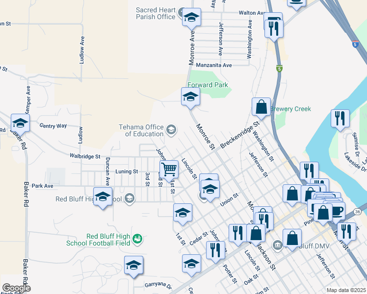 map of restaurants, bars, coffee shops, grocery stores, and more near 834 Chipman Street in Red Bluff