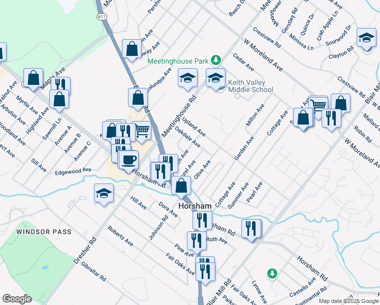 map of restaurants, bars, coffee shops, grocery stores, and more near 311 Birch Avenue in Horsham