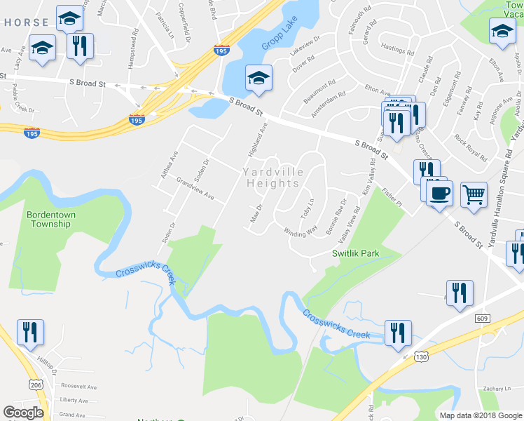 map of restaurants, bars, coffee shops, grocery stores, and more near 34 Mae Drive in Hamilton Township